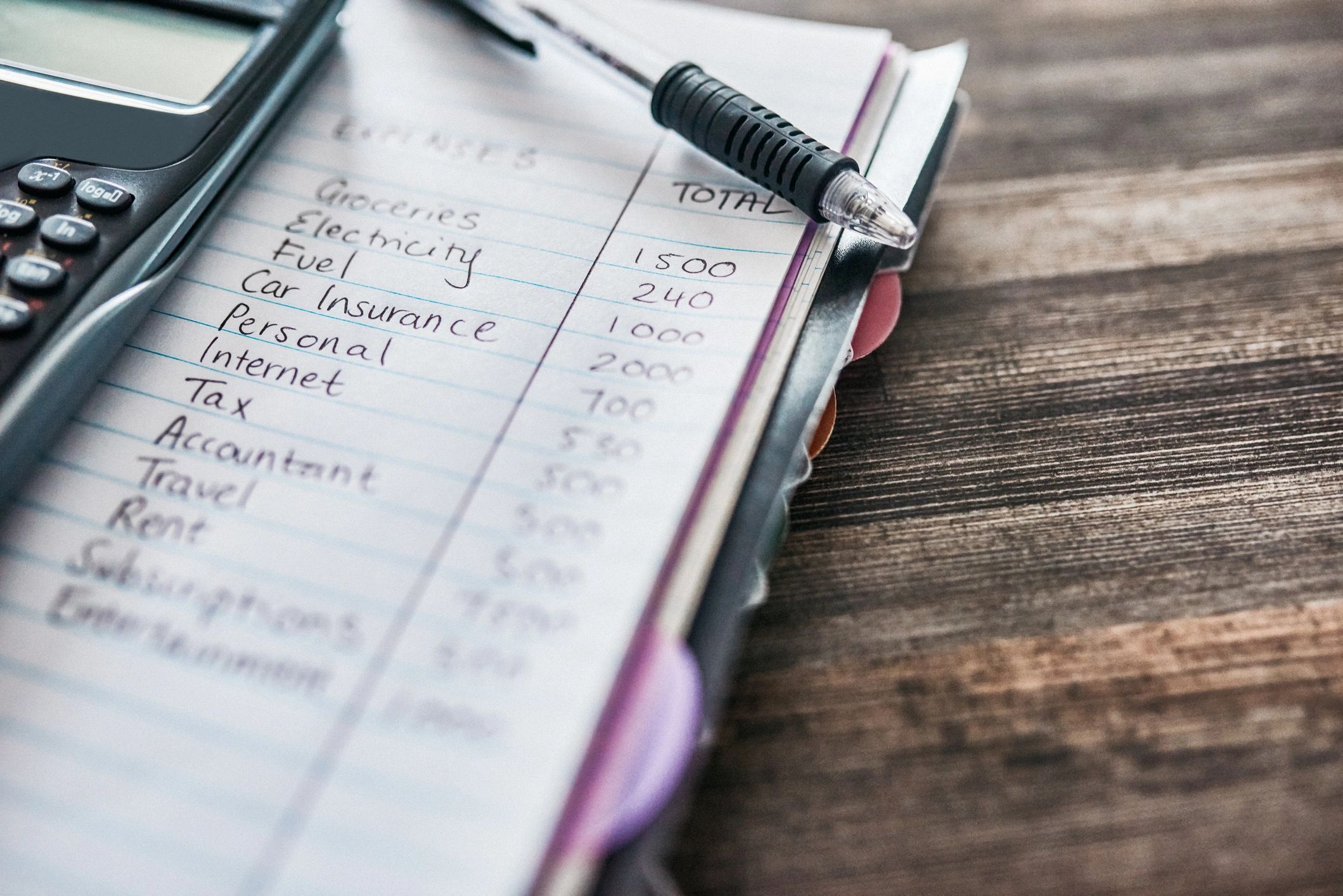 Budget notebook and calculator on a desk